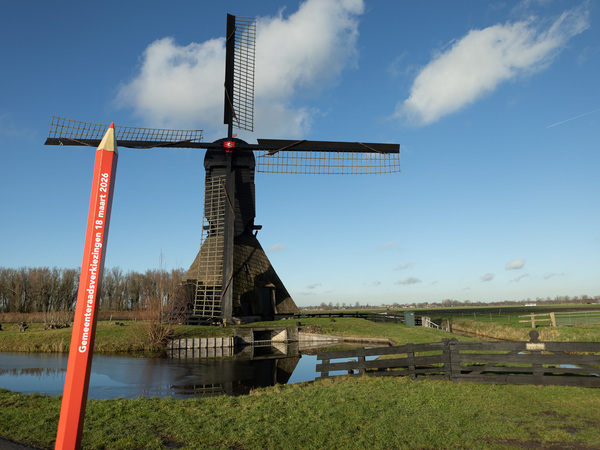 Stempotlood met op de achtergrond een molen